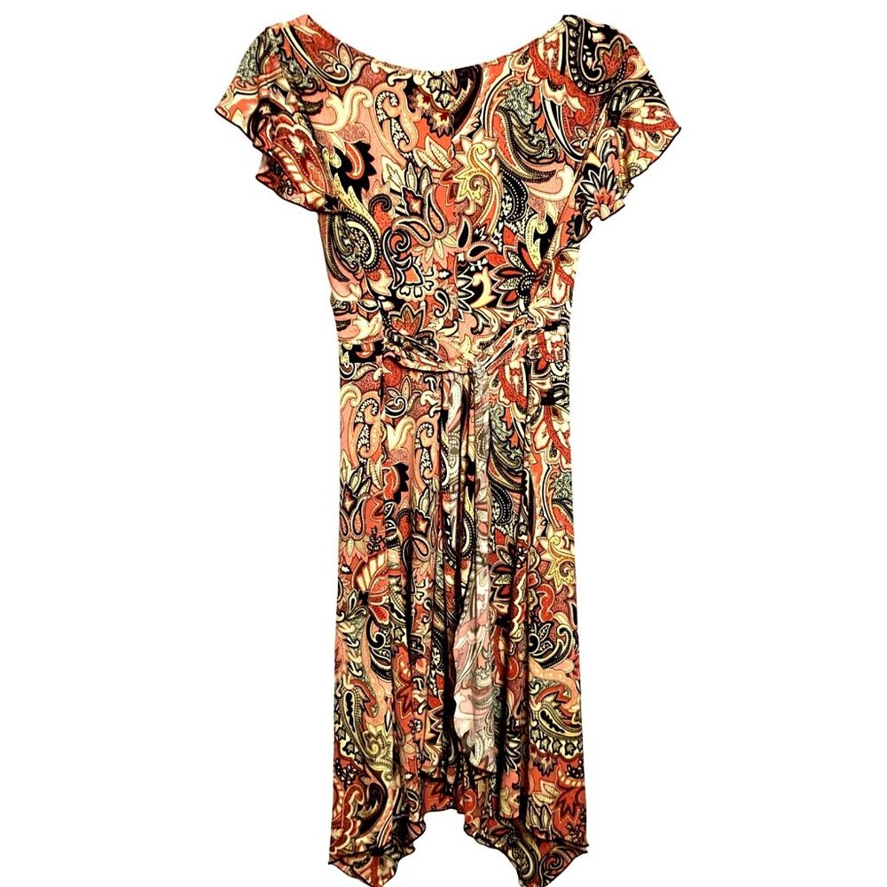 Vol.1 Paisley Print Midi Dress With Flutter Sleeves Handkerchief Hem V-Neck Lg - Picture 2 of 8
